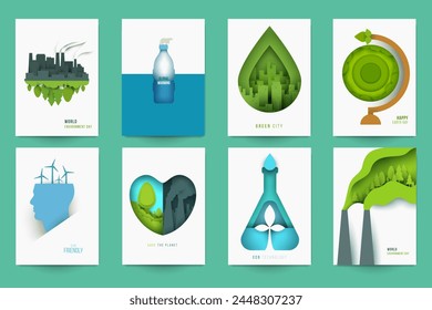 Set concept design of save nature ecology, climate, rewenable energy, recycle. Collection modern back grounds for cover, card, poster, banner in minimal paper cut style. Vector illustration.