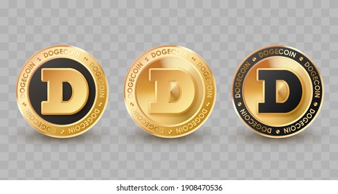 Set of concept different gold, golden, black coins, dogecoin, crypto currency on transparent background. Vector illustration for card, party, design, flyer, poster, decor, banner, web, advertising. svg