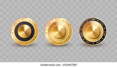 Set of concept different gold, golden, black coins, crypto currency on transparent background. Vector illustration for card, party, design, flyer, poster, decor, banner, web, advertising.