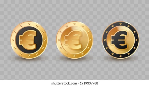 Set von Konzept verschiedenen Gold, Golden, schwarze Münzen, Euro, Währung auf transparentem Hintergrund. Vektorgrafik für Karte, Party, Design, Flyer, Poster, Dekor, Banner, Web, Werbung.