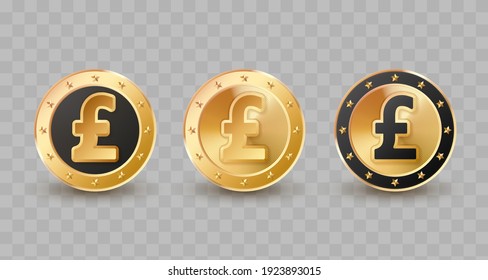 Set of concept different gold, golden, black coins, pound, currency on transparent background. Vector illustration for card, party, design, flyer, poster, decor, banner, web, advertising.