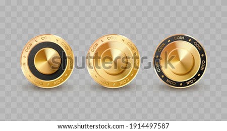 Set of concept different gold, golden, black coins, crypto currency on transparent background. Vector illustration for card, party, design, flyer, poster, decor, banner, web, advertising.