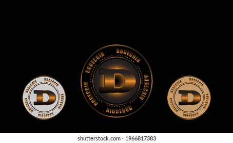 Set of concept dogecoin, golden, black coins, dogecoin, crypto currency on black background. Vector illustration for card, party, design, flyer, poster, decor, banner, web, advertising.