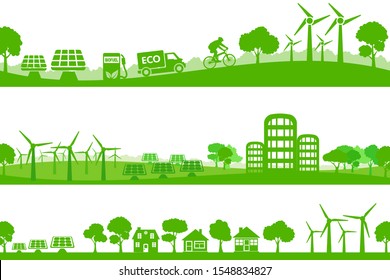 Set concept ecology city with solar panel and wind turbine, wind solar energy - stock vector