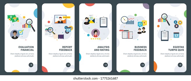 Set of concept flat design icons for evaluation, financial, feedback, report and business. UX, UI vector template kit for web design, applications, mobile interface, infographics and print design.