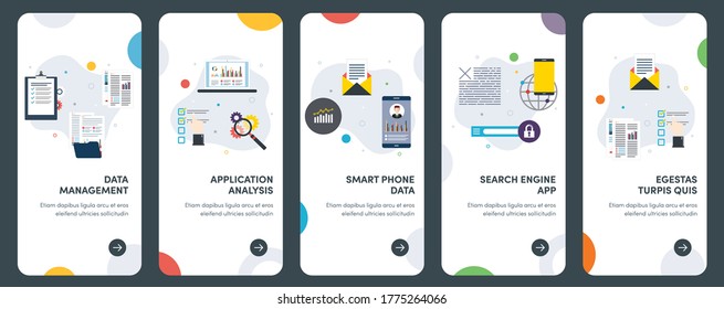 Conjunto de iconos de diseño plano de concepto para administración, análisis, smartphone y motor de búsqueda. UX, kit de plantilla de vector de interfaz de usuario para diseño web, aplicaciones, interfaz móvil, infografía y diseño de impresión.