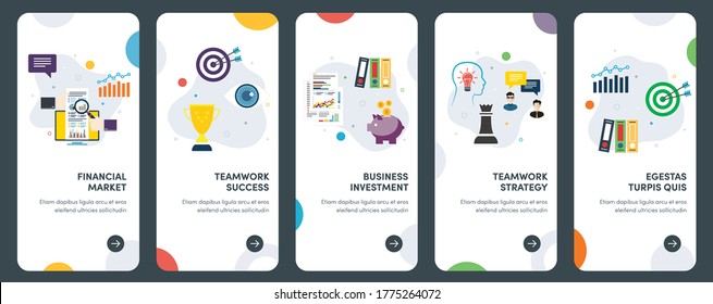Set von Konzept flach Design Symbole für Investitionen, Teamwork, Erfolg, Strategie und Finanzen.  UX, UI Vektor Template Kit für Web Design, Anwendungen, mobile Schnittstelle, Infografiken und Print-Design.