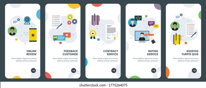 Conjunto de iconos de diseño plano de concepto para revisión, comentarios, cliente, servicio de contrato. UX, kit de plantilla de vector de interfaz de usuario para diseño web, aplicaciones, interfaz móvil, infografía y diseño de impresión.