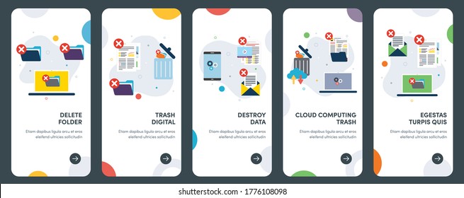 Set von Konzept flachen Design-Symbole für Zerstörung, Daten, Löschen, Ordner und digitalen Müll.  UX, UI Vektor Template Kit für Web Design, Anwendungen, mobile Schnittstelle, Infografiken und Print-Design.