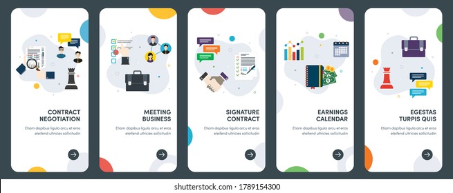 Set of concept flat design icons for contract, signature, meeting, earnings, report. UX, UI vector template kit for web design, applications, mobile interface, infographics and print design.