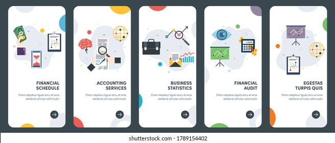 Juego de íconos de diseño plano de concepto para contrato, firma, reunión, ganancias, informe. UX, kit de plantilla de vector de interfaz de usuario para diseño web, aplicaciones, interfaz móvil, infografía y diseño de impresión.