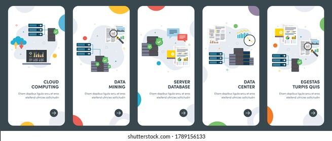 Conjunto de iconos de diseño plano de concepto para computación en nube, minería, servidor, base de datos. UX, kit de plantilla de vector de interfaz de usuario para diseño web, aplicaciones, interfaz móvil, infografía y diseño de impresión.