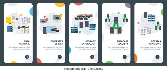 Conjunto de iconos de diseño plano de concepto para datos, red, computadora, servidor, base de datos, seguridad. UX, kit de plantilla de vector de interfaz de usuario para diseño web, aplicaciones, interfaz móvil, infografía y diseño de impresión.