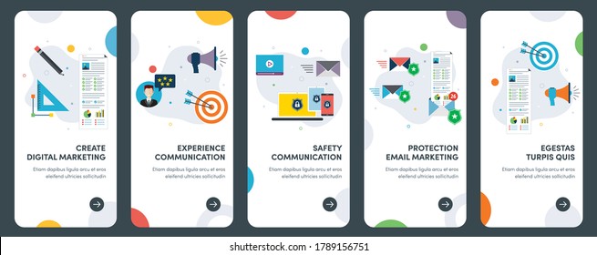 Conjunto de iconos de diseño plano de concepto para comunicación, digital, marketing, seguridad. UX, kit de plantilla de vector de interfaz de usuario para diseño web, aplicaciones, interfaz móvil, infografía y diseño de impresión.