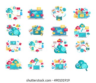 Set of concept flat design illustrations for data storage, cloud computing, provision, recovery, exchange, protection services. Colored web icons, business stuff, computer parts, infographic elements.