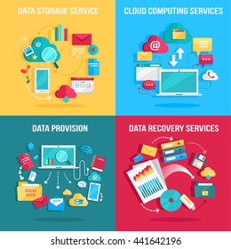 Set of concept flat designs illustrations for data storage, cloud computing, data provision, data recovery services. Numerous colored web icons, business stuff, computer parts, infographic elements.