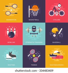 Set of Concept Flat Style Vector Indoor and Outdoor Sport Illustrations. Badminton, Basketball, Cycling, Bowling, Strength Training, Baseball, Skating, Tennis, Skateboarding