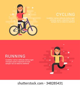 Set of Concept Flat Style Vector Sport Illustrations. Cycling, Running. Web Banner Template