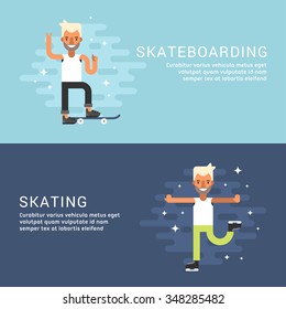 Set of Concept Flat Style Vector Sport Illustrations. Skateboarding, Skating. Web Banner Template