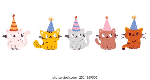 Set concept happy birthday doodle cats. Birthday party funny character cats 