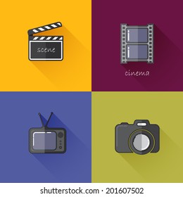 Set of concept icons for media industry (camera, TV, clapboard, filmstrip). Flat design with long shadows 