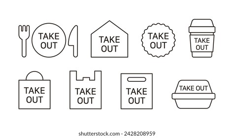 Un conjunto de iconos de concepto para pedidos, envasado y entrega en restaurantes, cafeterías, tiendas, centros comerciales, tiendas y mercados. Icono simple para comida para llevar, café, etc.