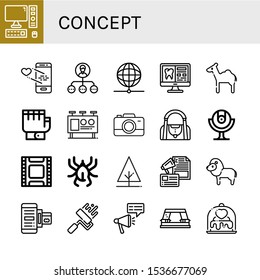 Set of concept icons. Such as Computer, Love, Network, Tooth, Camel, Gloves, Billboard, Camera, Gym bag, Webcam, Film, Acari, Tree, Advertising, Lion, Payment method , concept icons