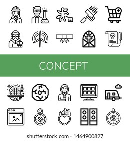 Conjuntos de íconos conceptuales como Ingeniero, Criminal, Químico, Turbina de Viento, Escena de Crimen, Grado, Roller de Pintura, Ventana de Cristal, Carro, Carta, Colonización del Espacio, Emergencia , concepto