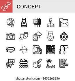 Set of concept icons such as Guitar, Global warming, Dress, Wheat, Bug, Email, Camera, Socks, Folder, Waist, Compass, Zeppelin, Bow, Stonehenge, Maze, Skipping rope , concept