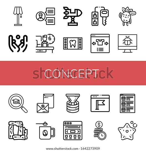 Set\
of concept icons. Such as Lamp, Juggling, Team, Shift, Rocket,\
Film, Car key, Select, Thinking, Screen, Search, Stonehenge,\
Invoice, Coffee mug, Funnel, Slider , concept\
icons