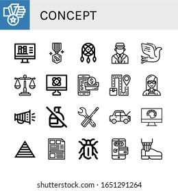 Set of concept icons. Such as Medal, Online library, Dreamcatcher, Chauffeur, Dove, Balance, Computer, Smartphone payment, Map, Planner, Megaphone, No spray, Settings , concept icons