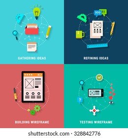 Set of concept icons for web and mobile prototyping and development. Idea bulb, tablet, phone, ruler, mug, pencil, gears