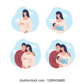 Set of concept illustrations about pregnancy, parenthood, motherhood. A pregnant woman, a man and a woman are waiting for the birth of a child, mother and father with a child. Flat vector isolated on