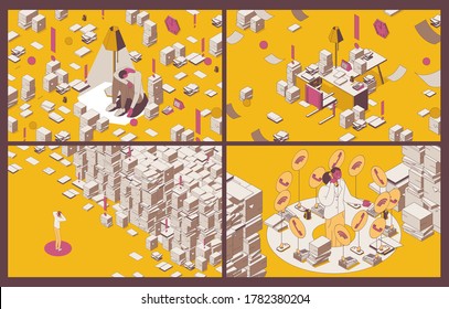 Set of concept isometric scenes about paper work, deadline and overworking. Outline characters working hard with documents, mobile phones and books. Collection for illustration of office burnout