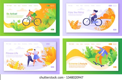 Set of concept of landing pages on healthy lifestyle them. Concept for mobile website, web page. Bicycle riding man and woman. Man riding on skateboard. Character run, training workout. 