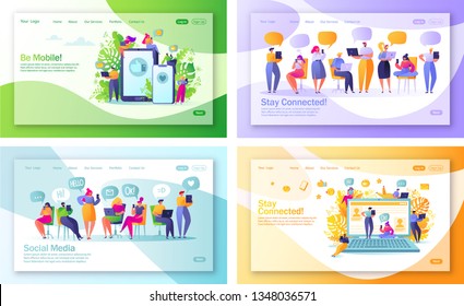 Set of concept of landing pages on social media theme for mobile website development and web page design. Man and woman communicating online with mobile devices; tablet, laptop, smartphone. 