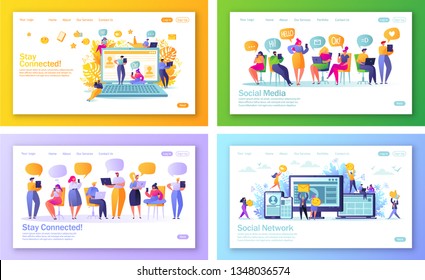 Set of concept of landing pages on social media theme for mobile website development and web page design. Vector illustrations with flat people characters chatting in social network.