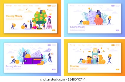 Set of concept of landing pages on finance theme. Flat people, business characters making money, saving money, online banking, money transaction technology. Concept for mobile website, web page.