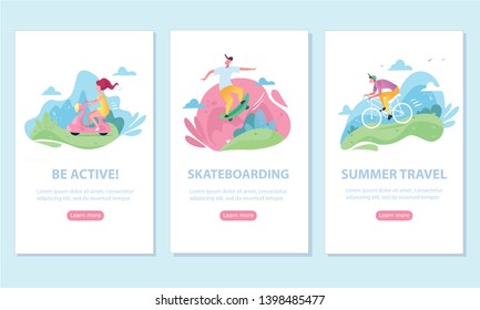 Set of concept of landing pages on healthy lifestyle them. Concept for mobile website, web page. Bicycle riding man and woman. Man riding on skateboard. Character run, training workout.