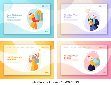 Set of concept of landing pages on New Year party celebration theme. Flat people characters dancing in santa claus costumes, holding sparklers in their hands. Winter holidays landing page template.