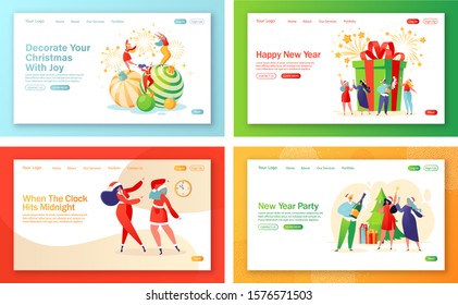 Conjunto de conceptos para las páginas de inicio sobre el tema de celebración de Año Nuevo. Personajes bailando con sombreros de clausura santa, sosteniendo chispas y champán en manos.Plantilla de página de inicio de vacaciones de invierno.