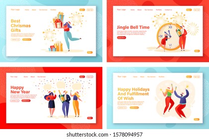 Set of concept for landing pages on New Year party celebration theme. People characters dancing in santa claus hats, holding sparklers and champagne in hands, prepare gifts and make wishes. 