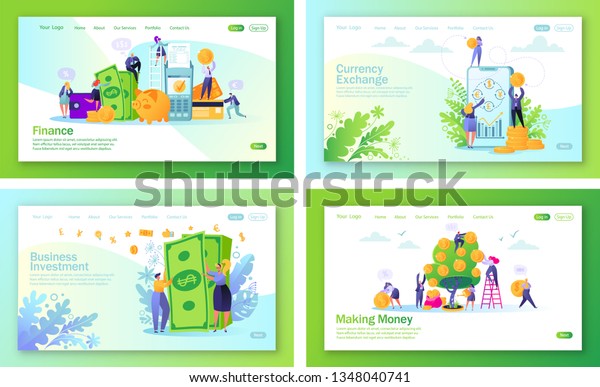 Set of concept of landing pages on finance theme.\
Flat people, business characters making money. Saving money, online\
banking, money transaction technology concept for mobilewebsite,\
web page.
