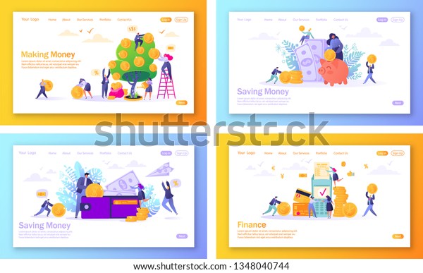 Set of concept of landing pages on finance theme.
Flat people, business characters making money, saving money, online
banking, money transaction technology. Concept for mobile website,
web page.