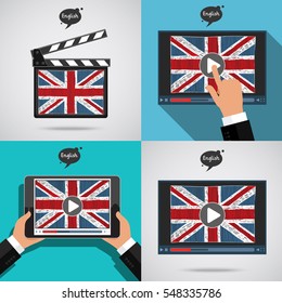 Set of Concept of learning languages. Study English of Britain. Movie production clapper board and screen with hand drawn english flag. Film in English.