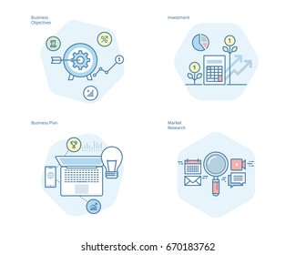 Set Of Concept Line Icons For Business Plan And Objectives, Market Research, Investment. UI/UX Kit For Web Design, Applications, Mobile Interface, Infographics And Print Design. 