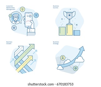 Set of concept line icons for CRM, business strategy, growth and sucess. UI/UX kit for web design, applications, mobile interface, infographics and print design. 