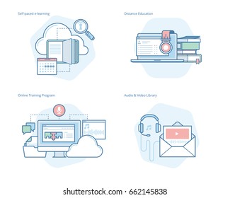 Set of concept line icons for distance education, audio and video library, online training and courses, self-paced e-learning. UI/UX kit for web design, applications, mobile interface, print design. 