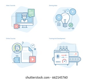 Conjunto de iconos de línea conceptual para educación, tutoriales de video, cursos en línea, formación y desarrollo, compartir ideas. Kit UI/UX para diseño web, aplicaciones, interfaz móvil y diseño de impresión. 