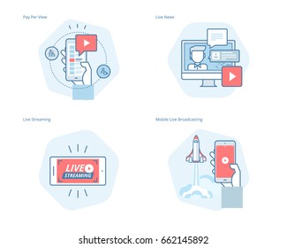 Set of concept line icons for live streaming, mobile broadcasting, pay per view, online video, news. UI/UX kit for web design, applications, mobile interface, infographics and print design. 